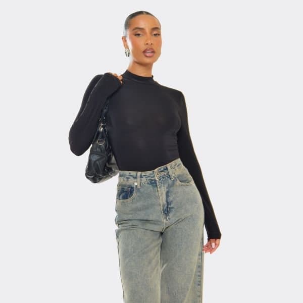 EGO Long Sleeve High Neck Bodysuit In Black, Women's Size UK 4