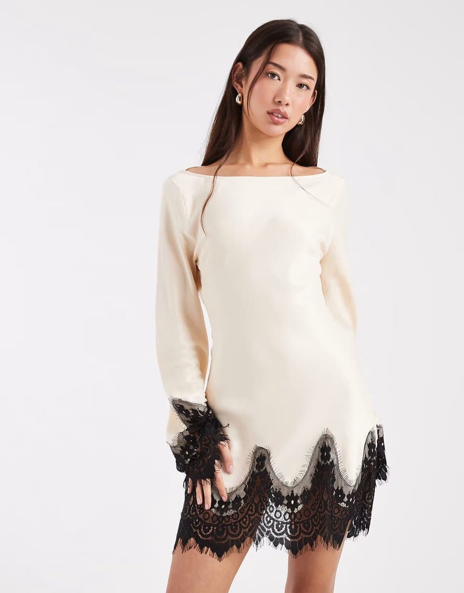 ASOS ASOS DESIGN satin lace trim angel sleeve mini dress in ecru