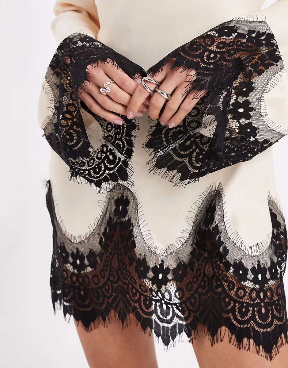 ASOS ASOS DESIGN satin lace trim angel sleeve mini dress in ecru - 3