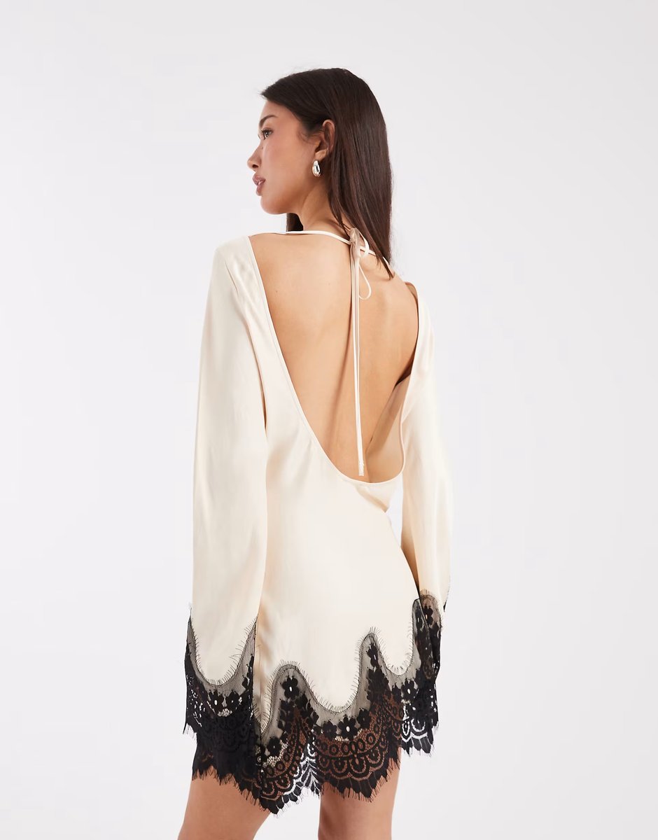ASOS ASOS DESIGN satin lace trim angel sleeve mini dress in ecru - 4