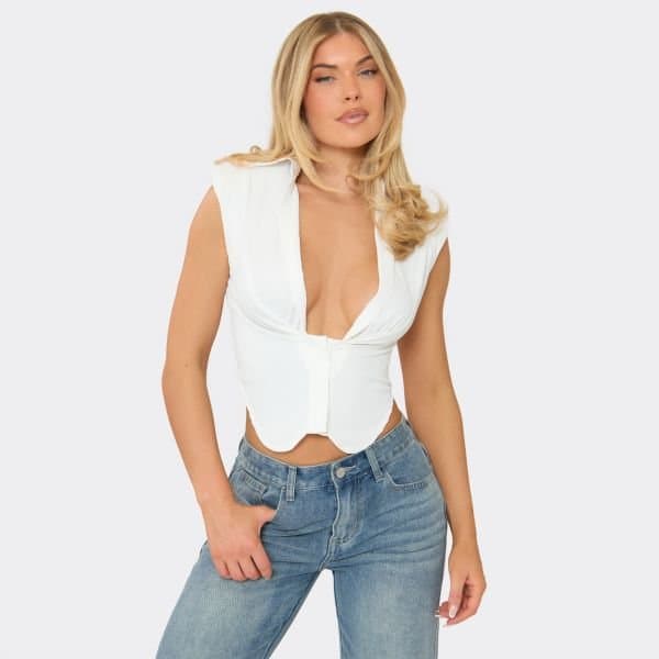 EGO Plunge Front Shoulder Pad Detail Button Up Shirt In White Cotton Poplin, Women's Size UK 6