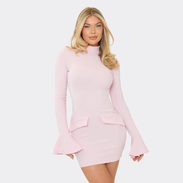 EGO Long Sleeve High Neck Tailored Mini Bodycon Dress In Pink Woven, Women's Size UK 6