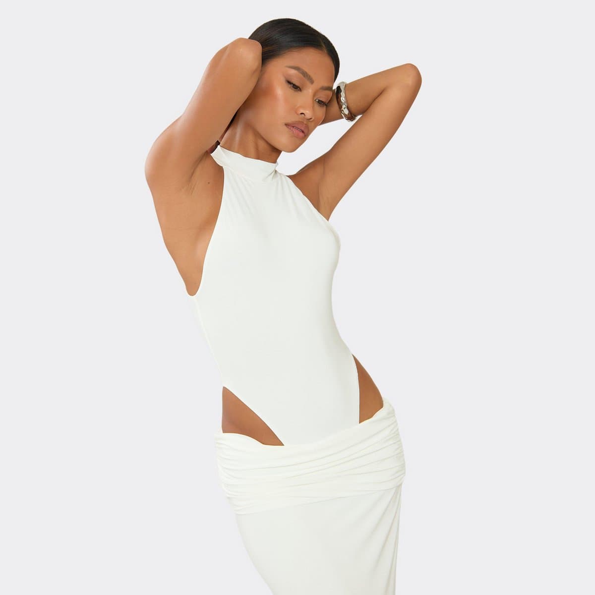 EGO High Collar Racer High Leg Bodysuit In White Slinky, Women's Size UK 6