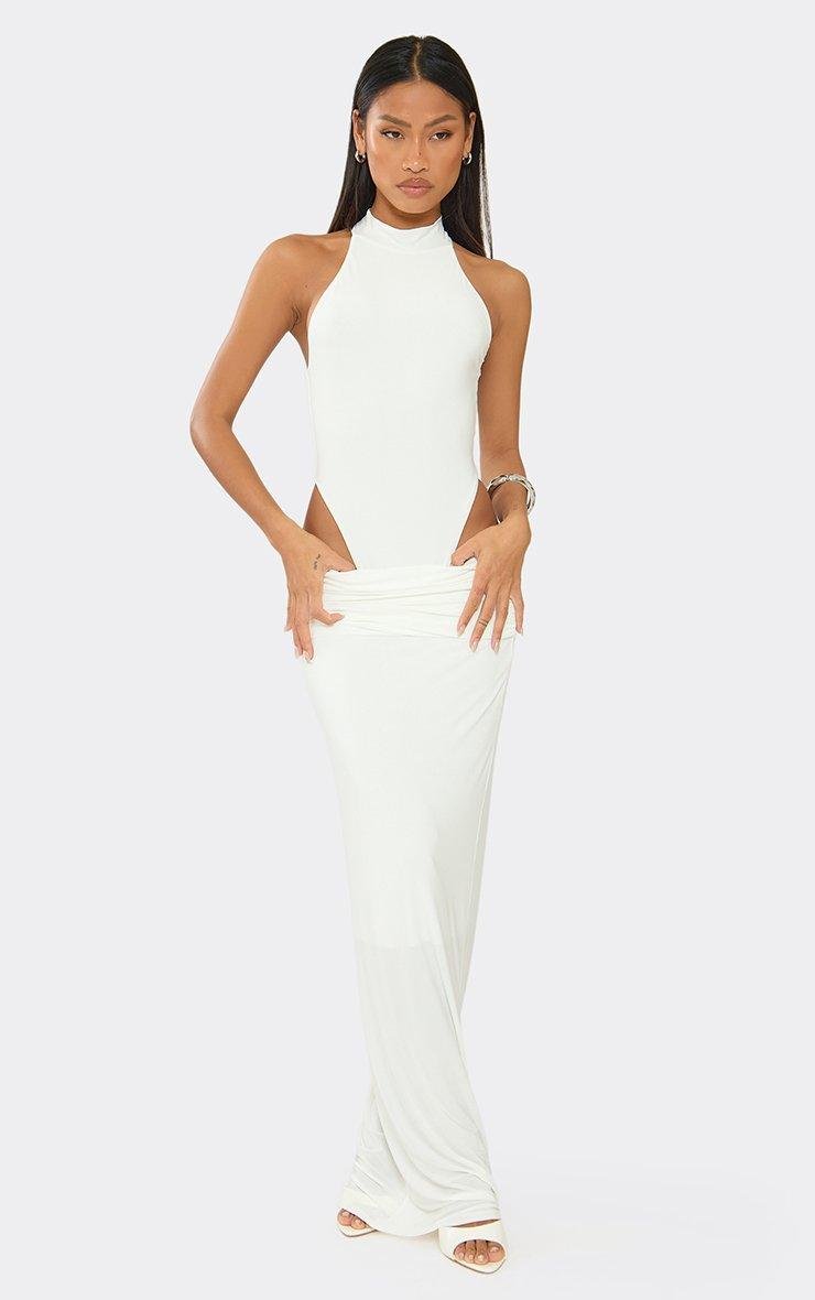 EGO High Collar Racer High Leg Bodysuit In White Slinky, Women's Size UK 6 - 2