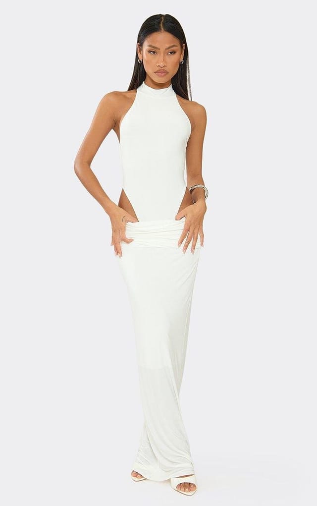 EGO High Collar Racer High Leg Bodysuit In White Slinky, Women's Size UK 6 - 2