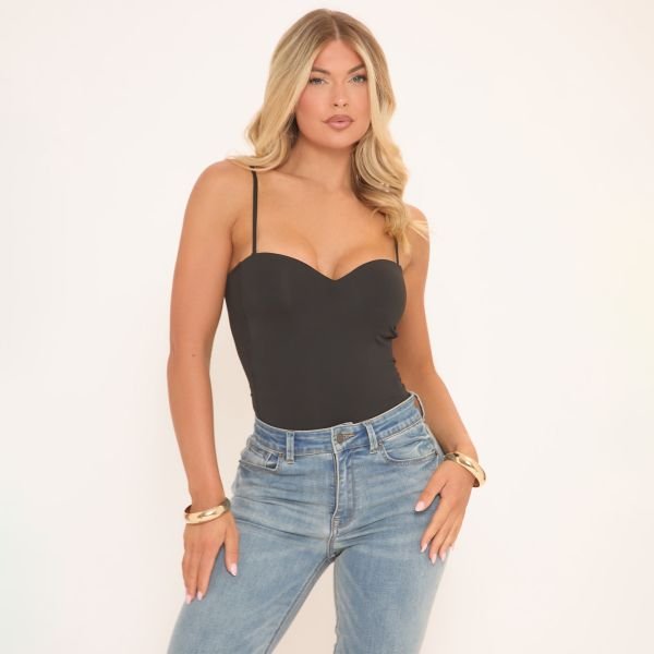 EGO Sweetheart Neck Strappy Bodysuit In Black, Women's Size UK Medium/Large M/L - 1
