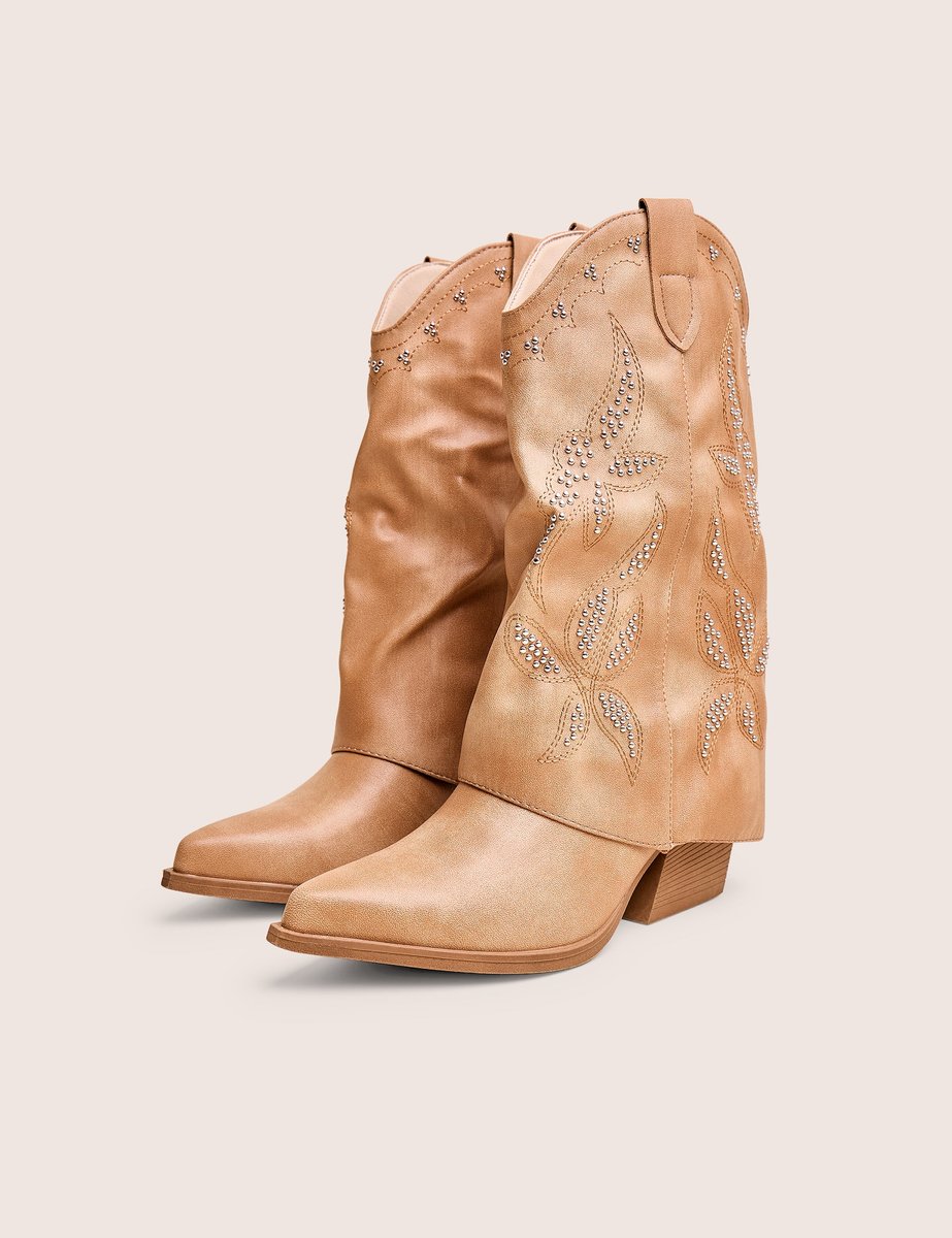 Public Desire Dixie Tan Fold Over Studded Western Ankle Boots - 2