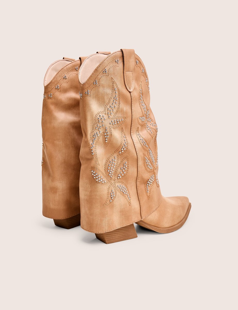Public Desire Dixie Tan Fold Over Studded Western Ankle Boots - 3