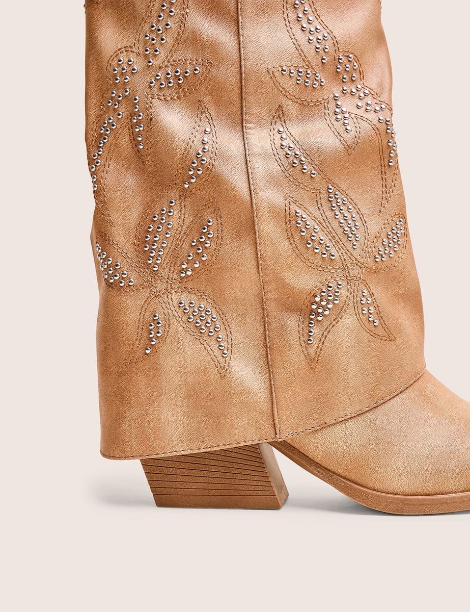 Public Desire Dixie Tan Fold Over Studded Western Ankle Boots - 4