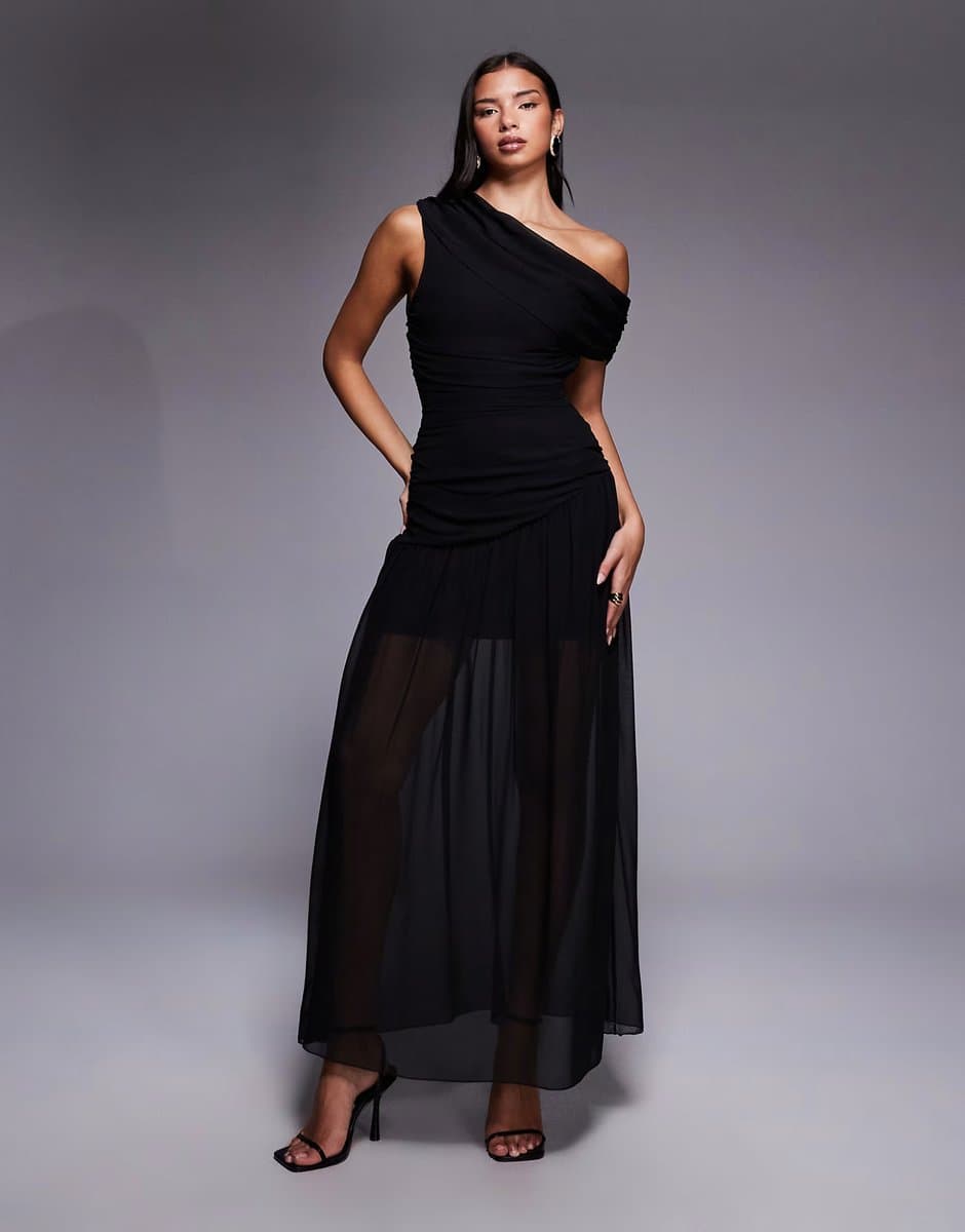 ASOS Fashionkilla exclusive chiffon off shoulder asymmetric hem gathered sheer hem maxi dress in black