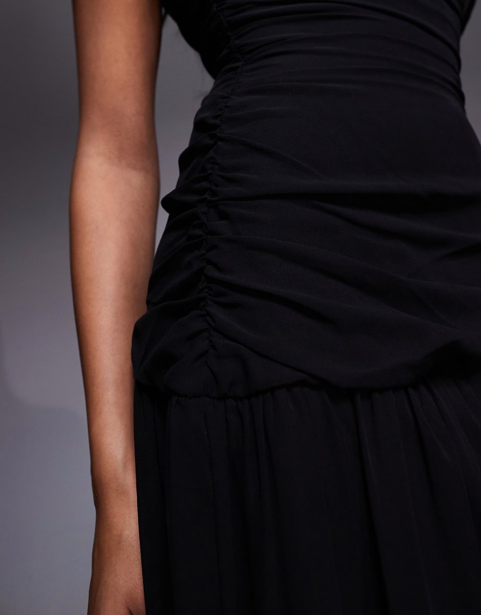 ASOS Fashionkilla exclusive chiffon off shoulder asymmetric hem gathered sheer hem maxi dress in black - 3