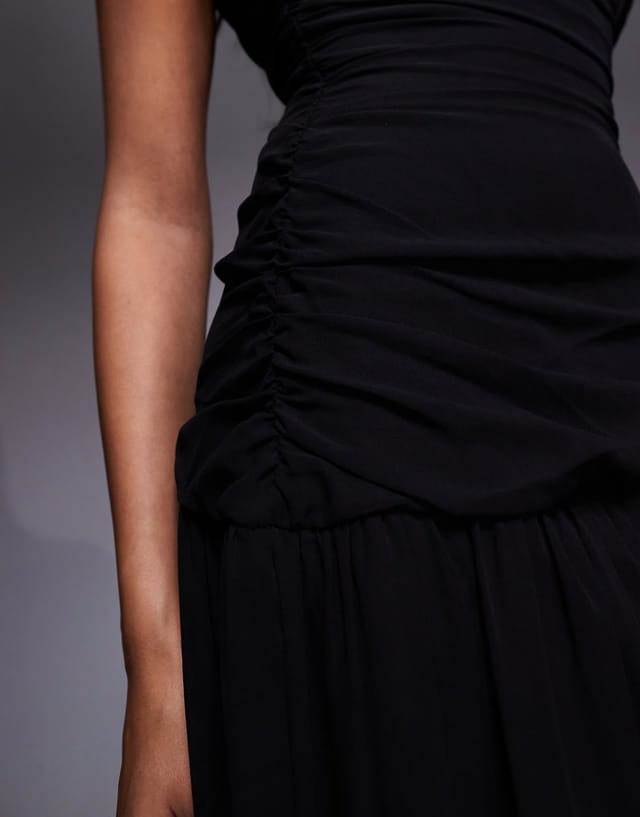 ASOS Fashionkilla exclusive chiffon off shoulder asymmetric hem gathered sheer hem maxi dress in black - 3
