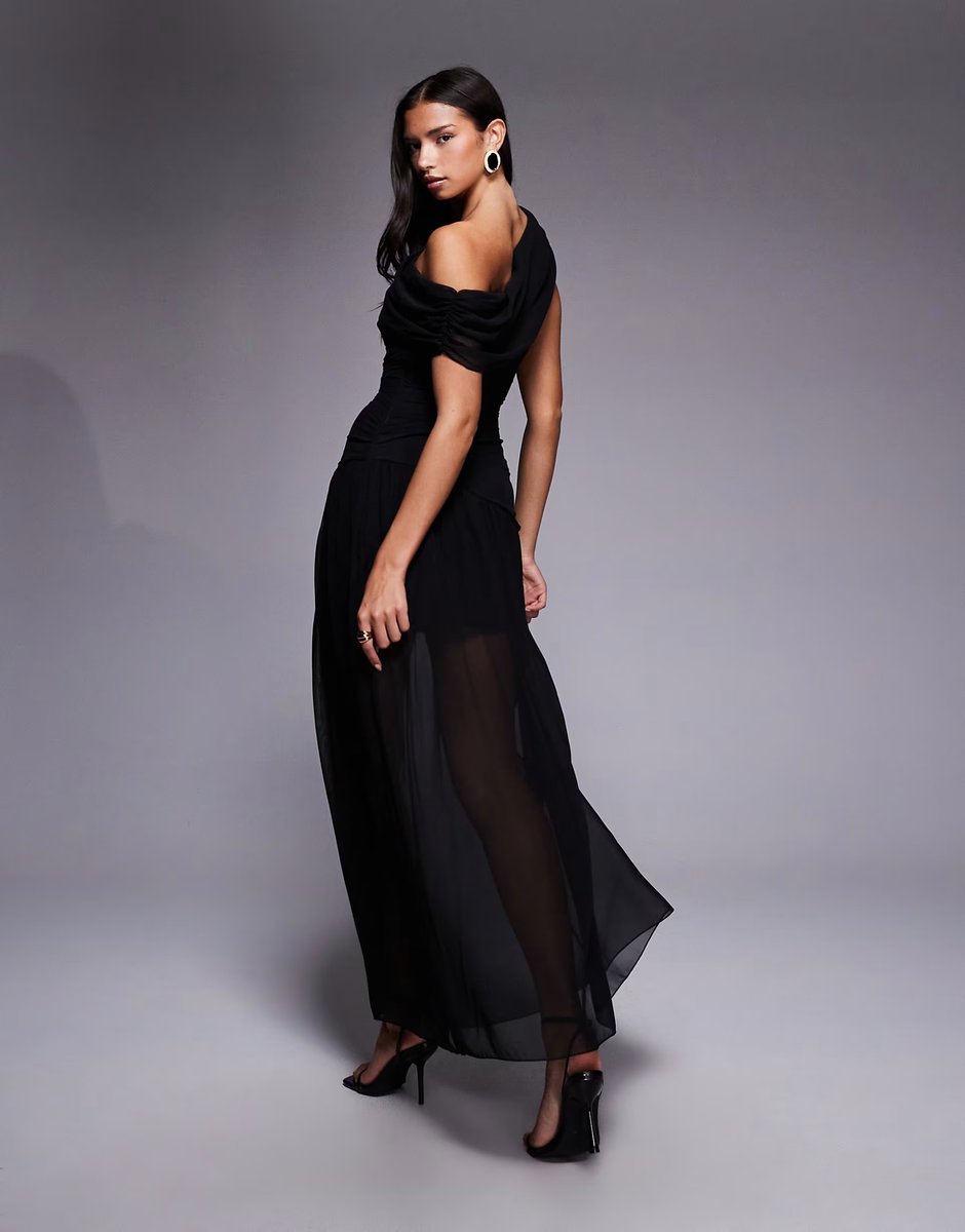 ASOS Fashionkilla exclusive chiffon off shoulder asymmetric hem gathered sheer hem maxi dress in black - 4
