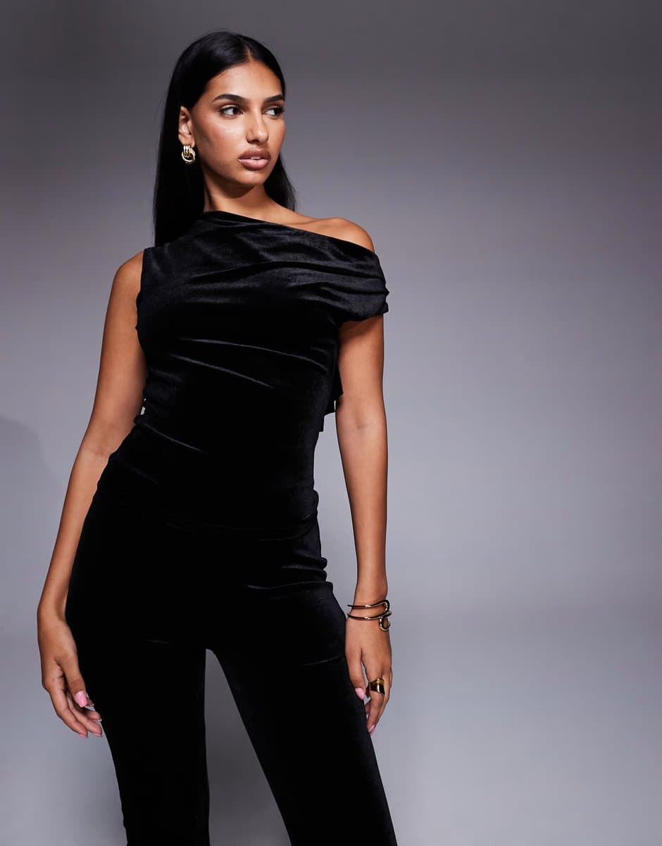 ASOS New Look co-ord velvet fallen shoulder top in black