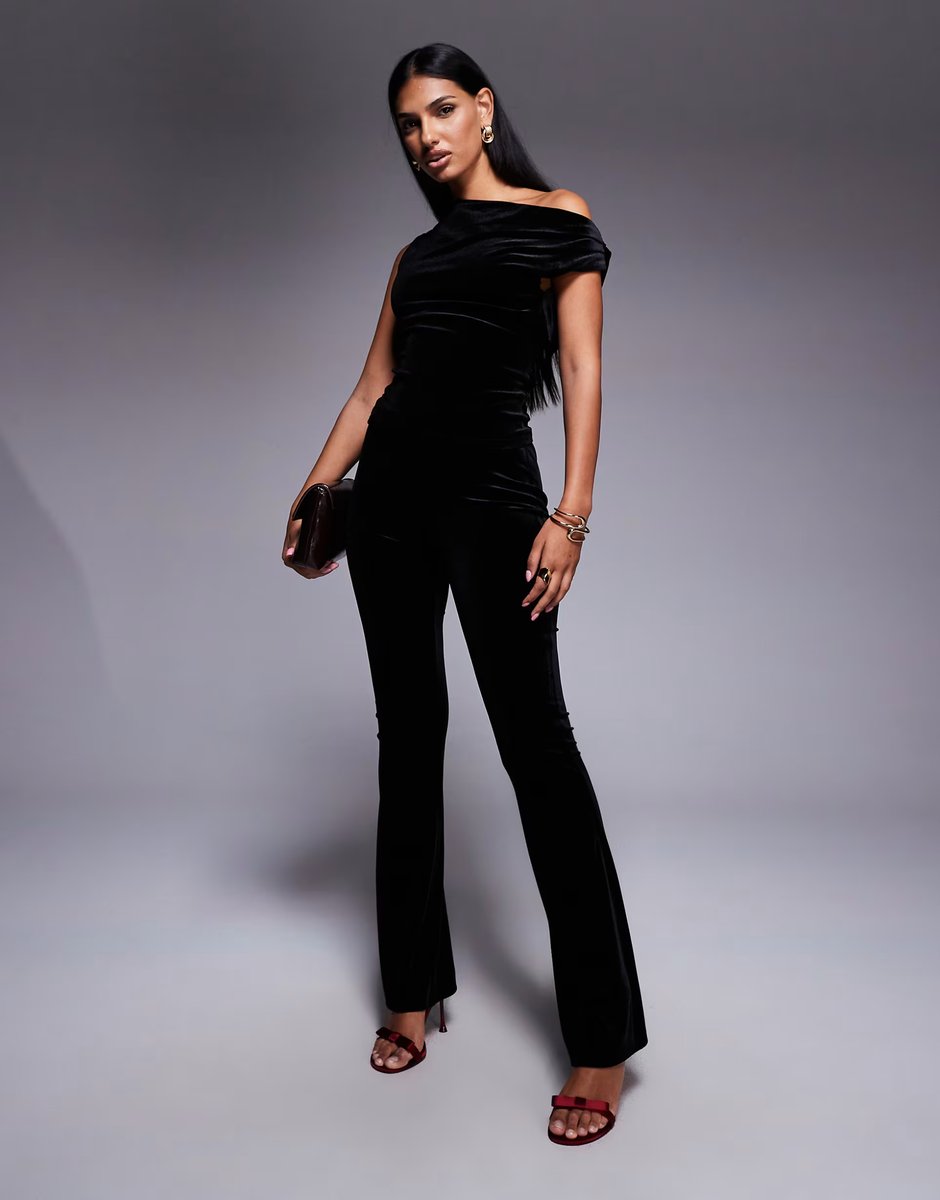 ASOS New Look co-ord velvet fallen shoulder top in black - 2