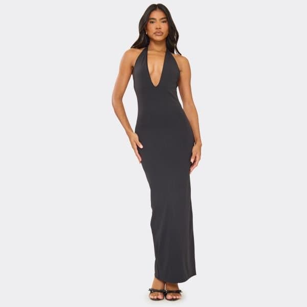 EGO Plunge Halterneck Open Back Detail Maxi Dress In Black, Women's Size UK 6