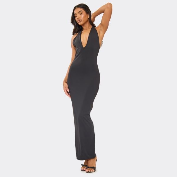 EGO Plunge Halterneck Open Back Detail Maxi Dress In Black, Women's Size UK 6 - 2