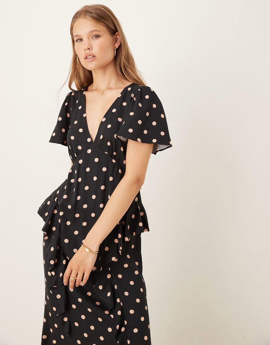 ASOS Nobody's Child Lyndsey ruffle detail midi dress in black spot - 3