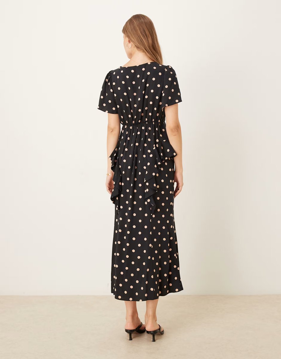ASOS Nobody's Child Lyndsey ruffle detail midi dress in black spot - 4