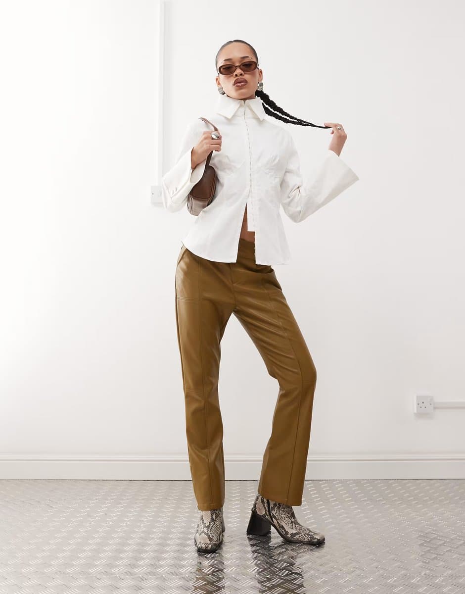 ASOS Labelrail x Jennifer McKing faux leather thong panel trousers in khaki green