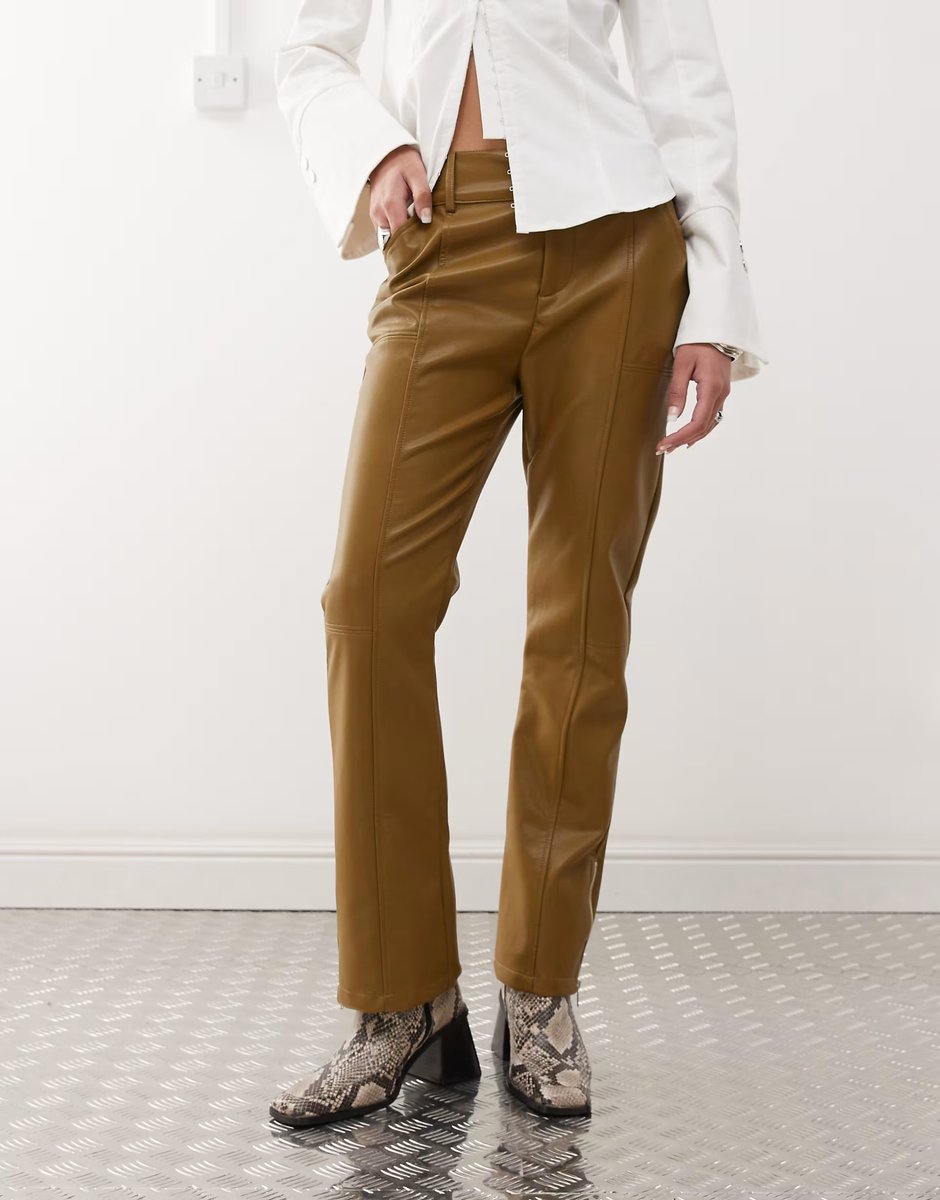 ASOS Labelrail x Jennifer McKing faux leather thong panel trousers in khaki green - 3