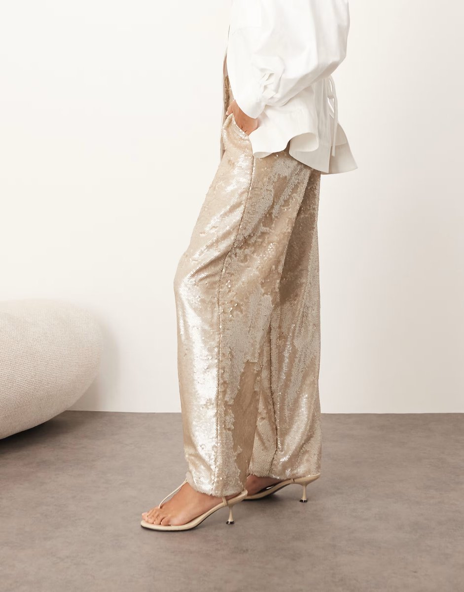 ASOS ARRANGE embellished sequin tailored straight leg trouser in cream - 3