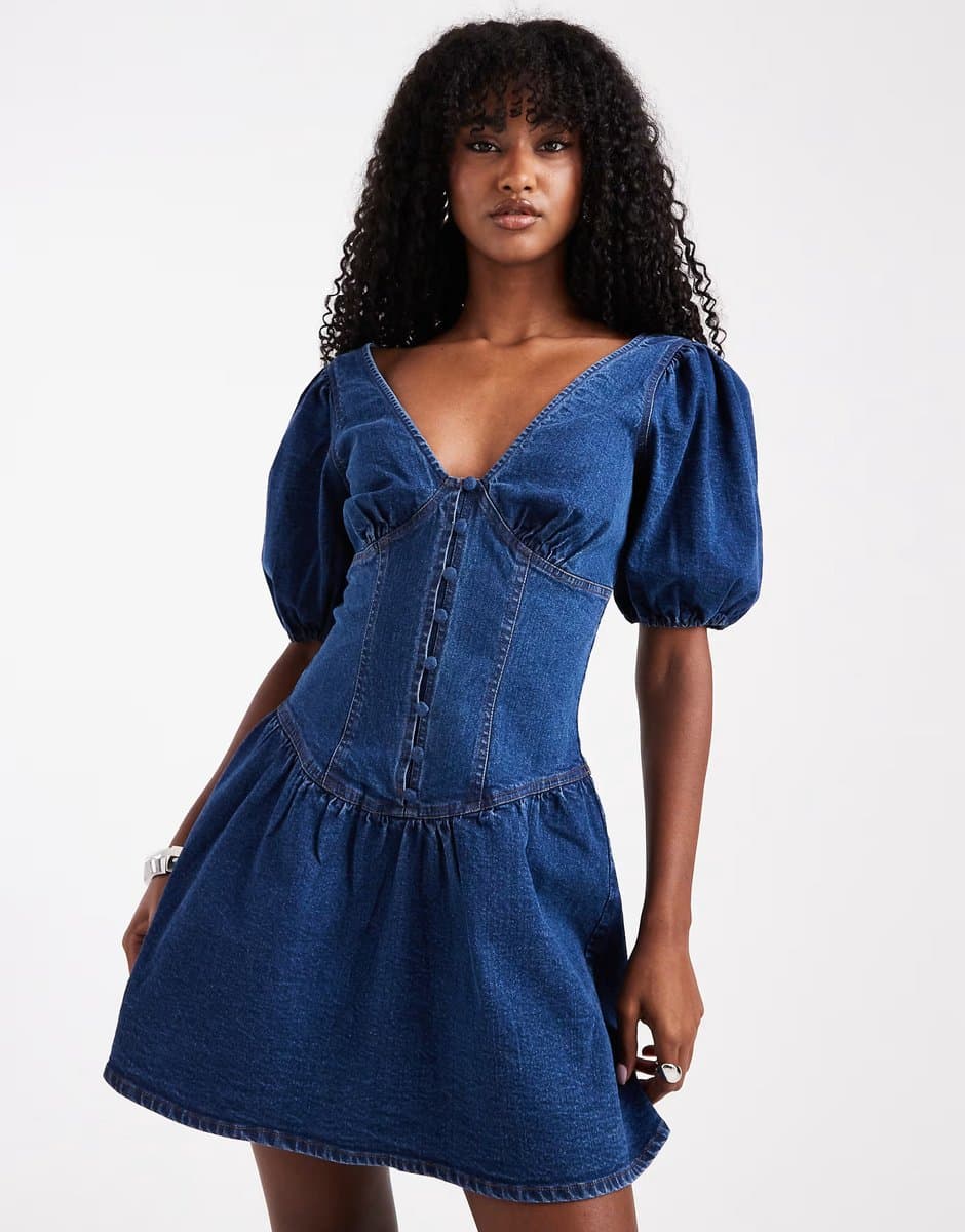 ASOS Miss Selfridge puff sleeve denim mini dress in indigo