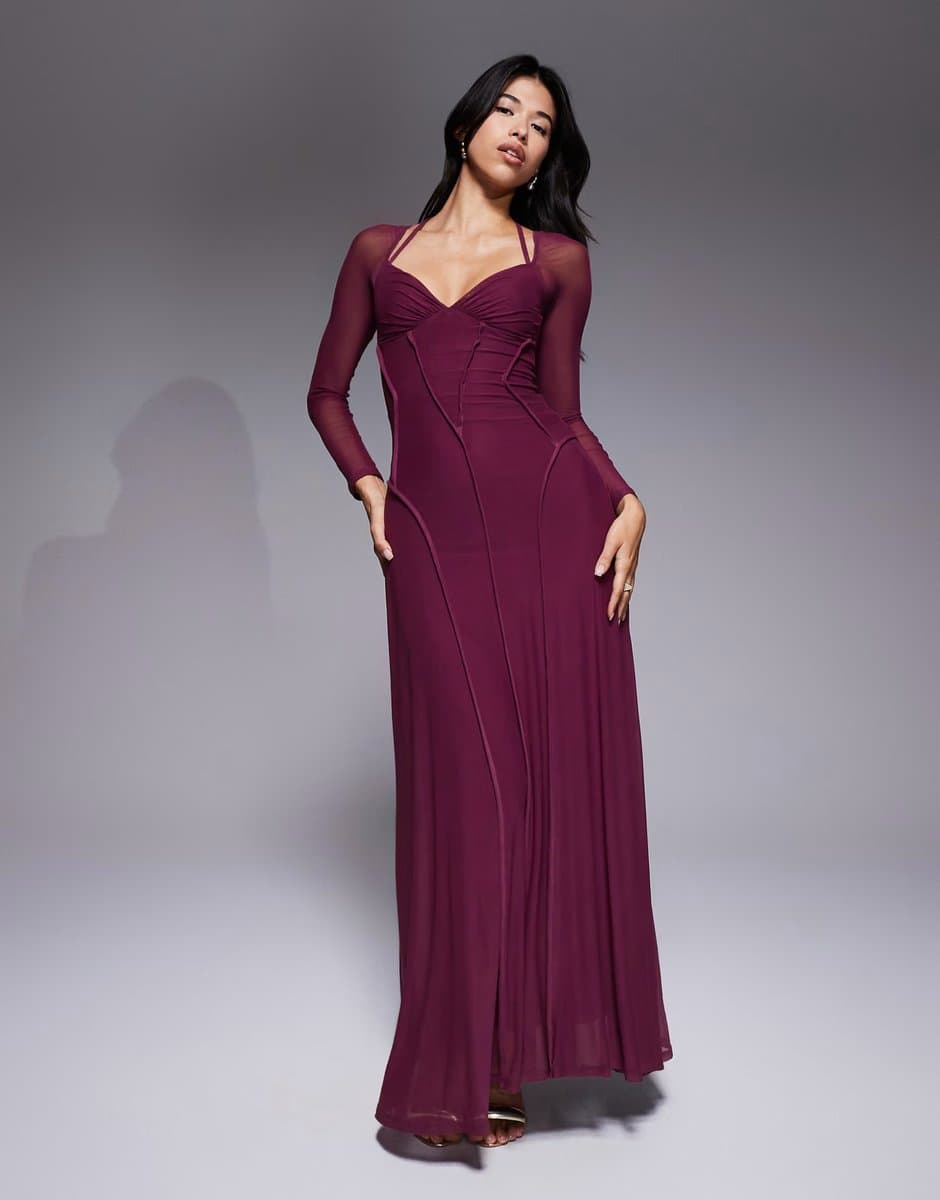 ASOS ASOS DESIGN mesh long sleeve maxi dress with exposed seam detail in deep plum