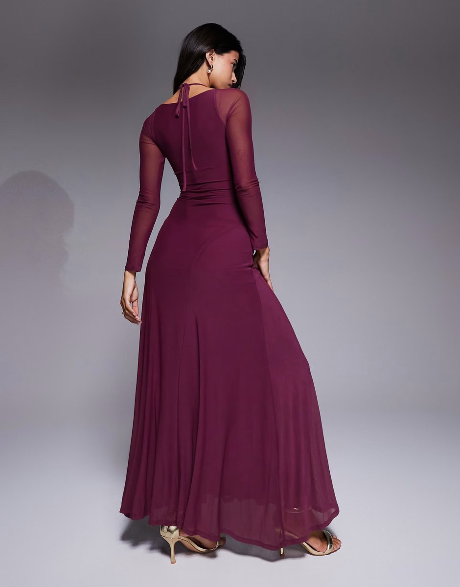 ASOS ASOS DESIGN mesh long sleeve maxi dress with exposed seam detail in deep plum - 4