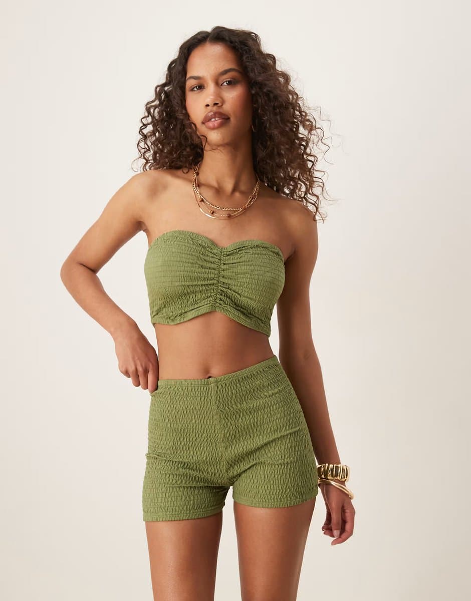 ASOS ASOS DESIGN co-ord shirred ruched bandeau top in khaki
