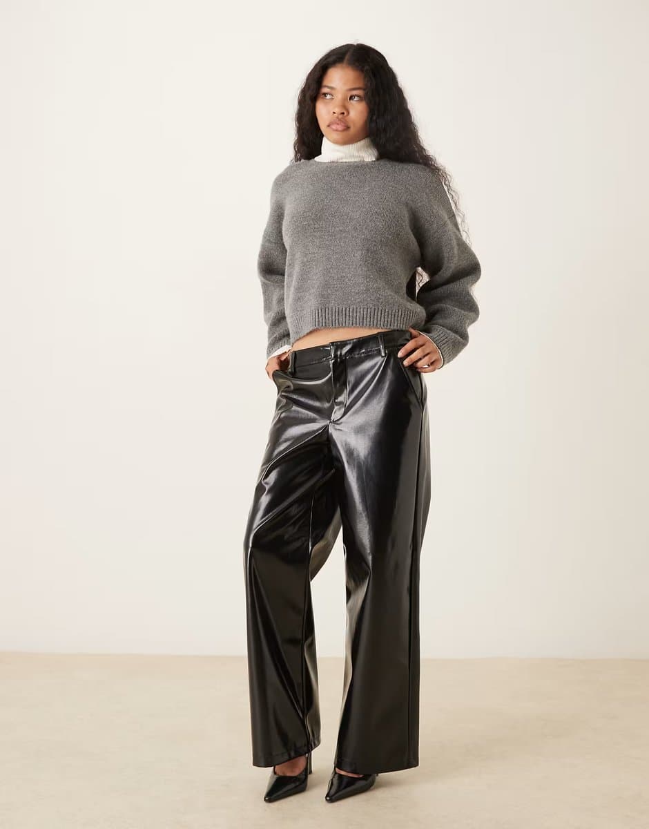 ASOS Gina Tricot Petite coated PU straight trousers in black