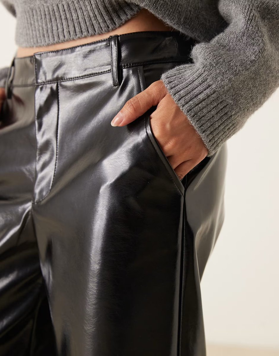 ASOS Gina Tricot Petite coated PU straight trousers in black - 4