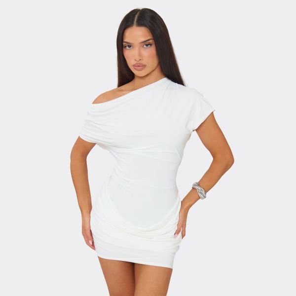 EGO COWL BACK DRAPE PANEL MINI DRESS IN CREAM, Women's Size UK 6