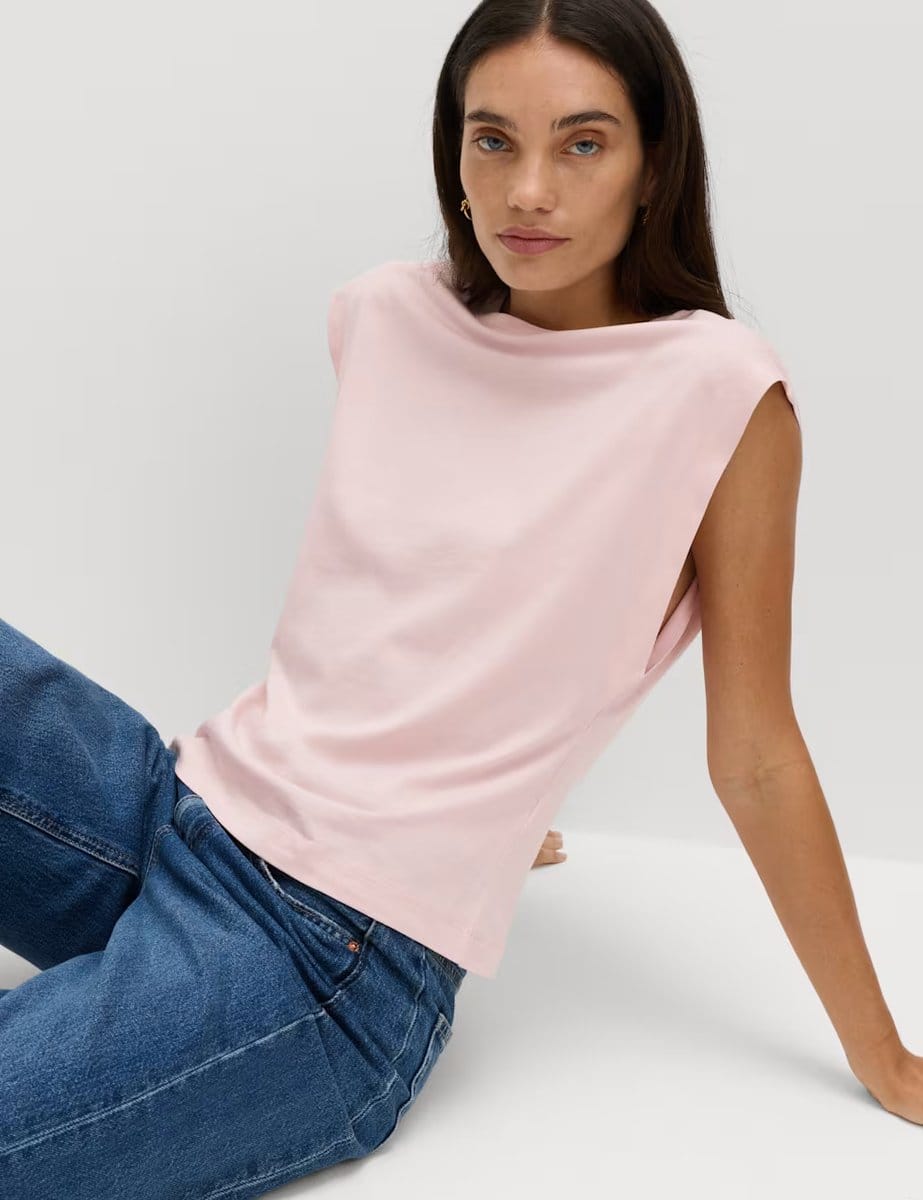 Marks & Spencer M&S Pure Cotton Cap Sleeve T-Shirt Soft Pink - 1