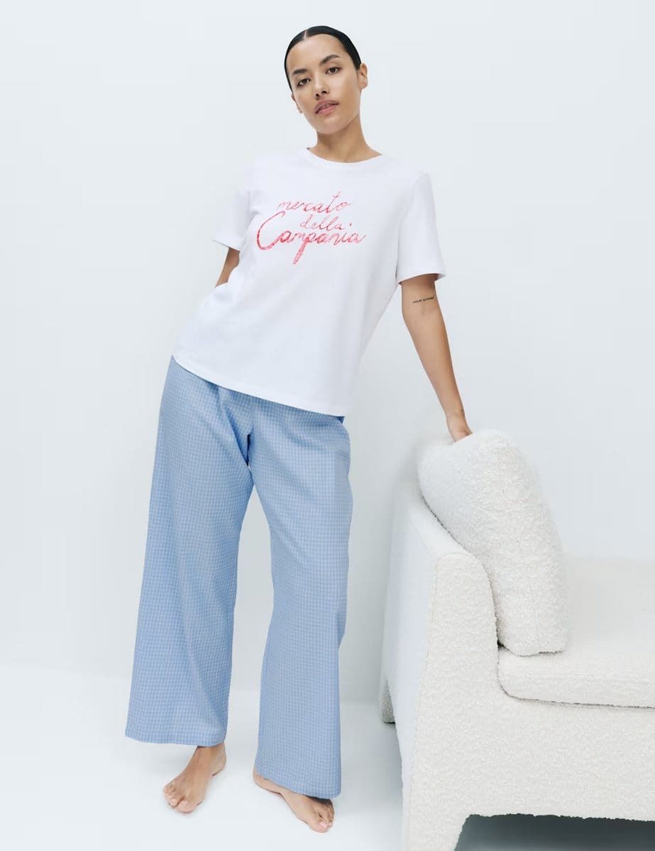 Marks & Spencer M&S Pure Cotton Pyjama Set With Woven Bottoms Light Blue - 4