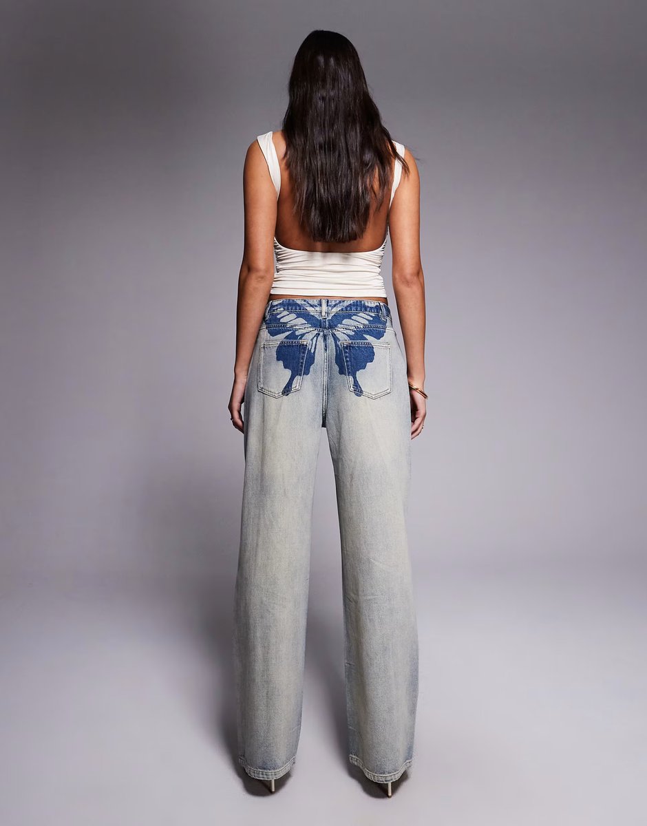 ASOS Tiger Mist Zanthe butterfly print low-mid rise oversized straight leg jeans in light wash denim - 3