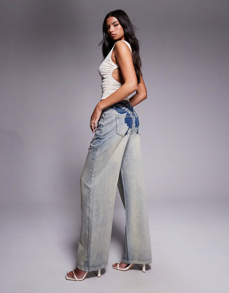 ASOS Tiger Mist Zanthe butterfly print low-mid rise oversized straight leg jeans in light wash denim - 4