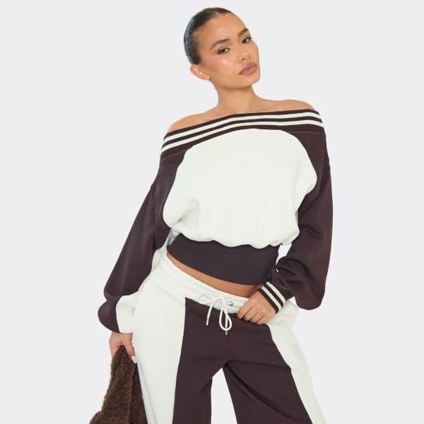 EGO Bardot Contrast Stripe Sweatshirt In Cream, Women's Size UK 6