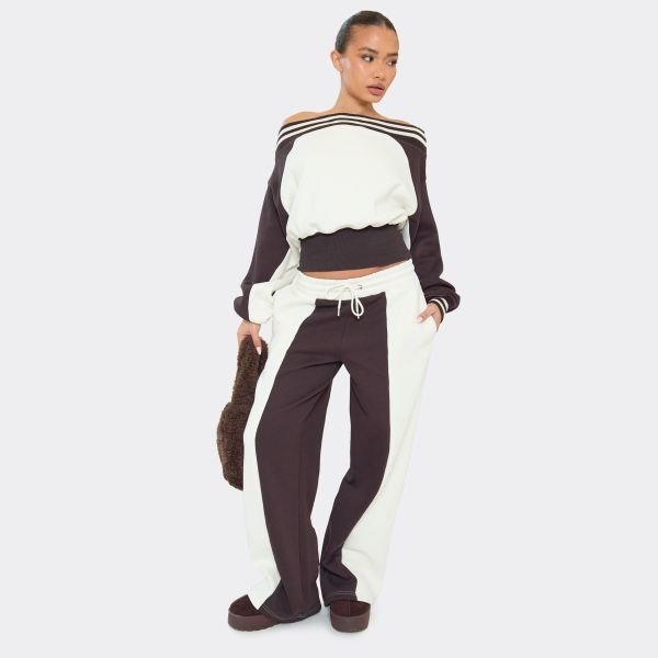 EGO Bardot Contrast Stripe Sweatshirt In Cream, Women's Size UK 6 - 2