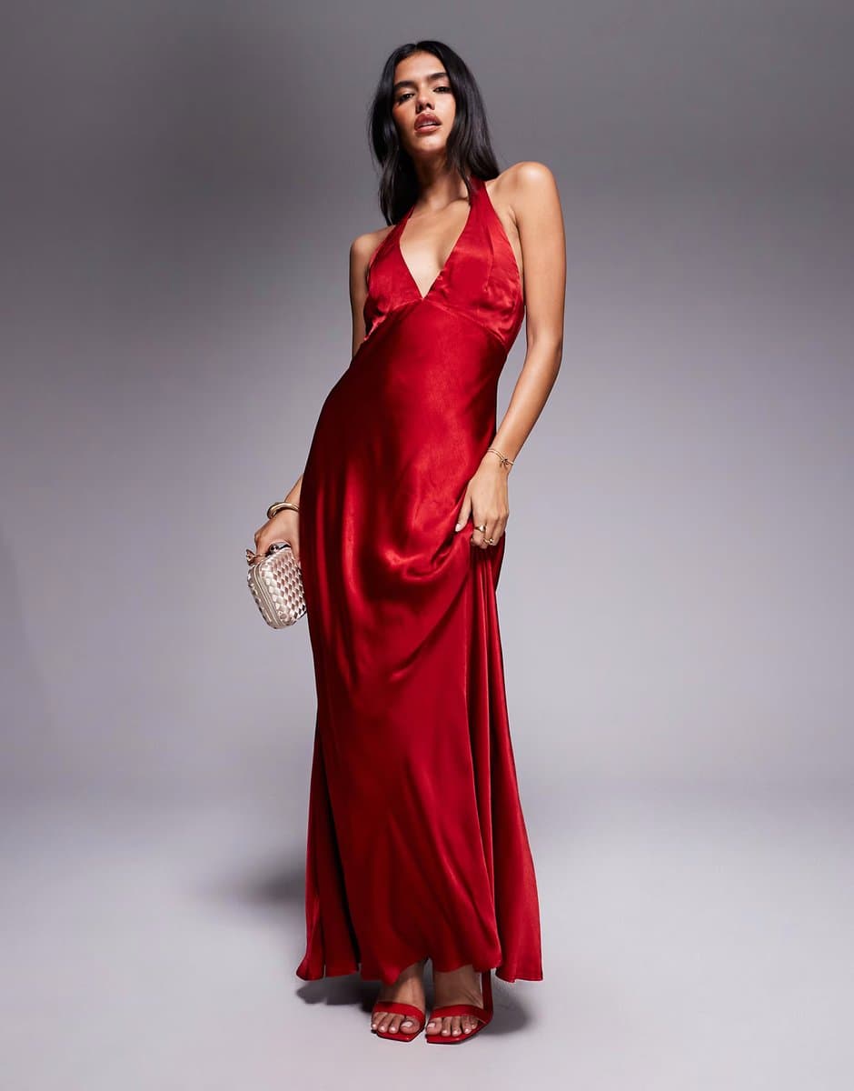 ASOS Bardot Magdalene Satin Halter Dress in Deep Red