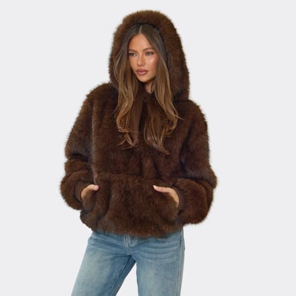 EGO Long Sleeve Pocket Front Hoodie In Chocolate Brown Faux Fur, Women's Size UK 6