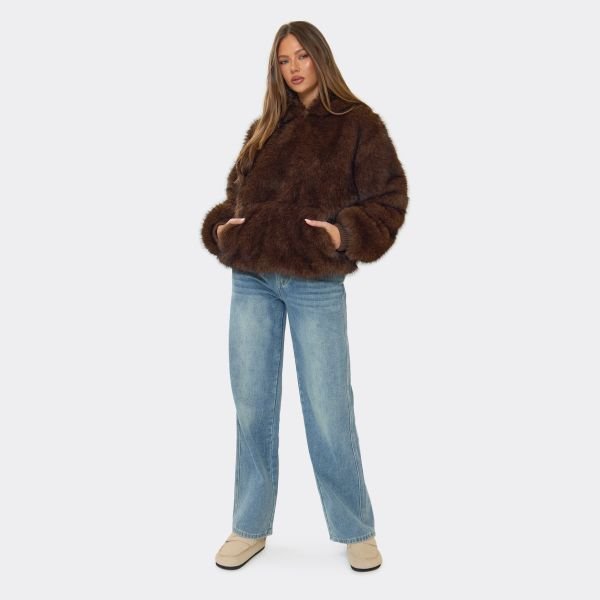 EGO Long Sleeve Pocket Front Hoodie In Chocolate Brown Faux Fur, Women's Size UK 6 - 2