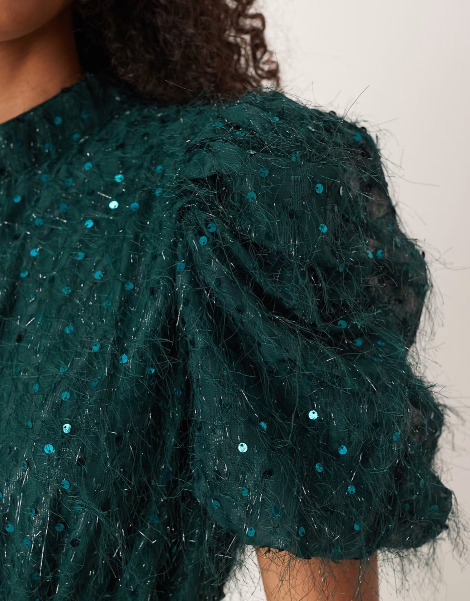 ASOS YAS fluffy textured sequin mini dress in dark green - 3