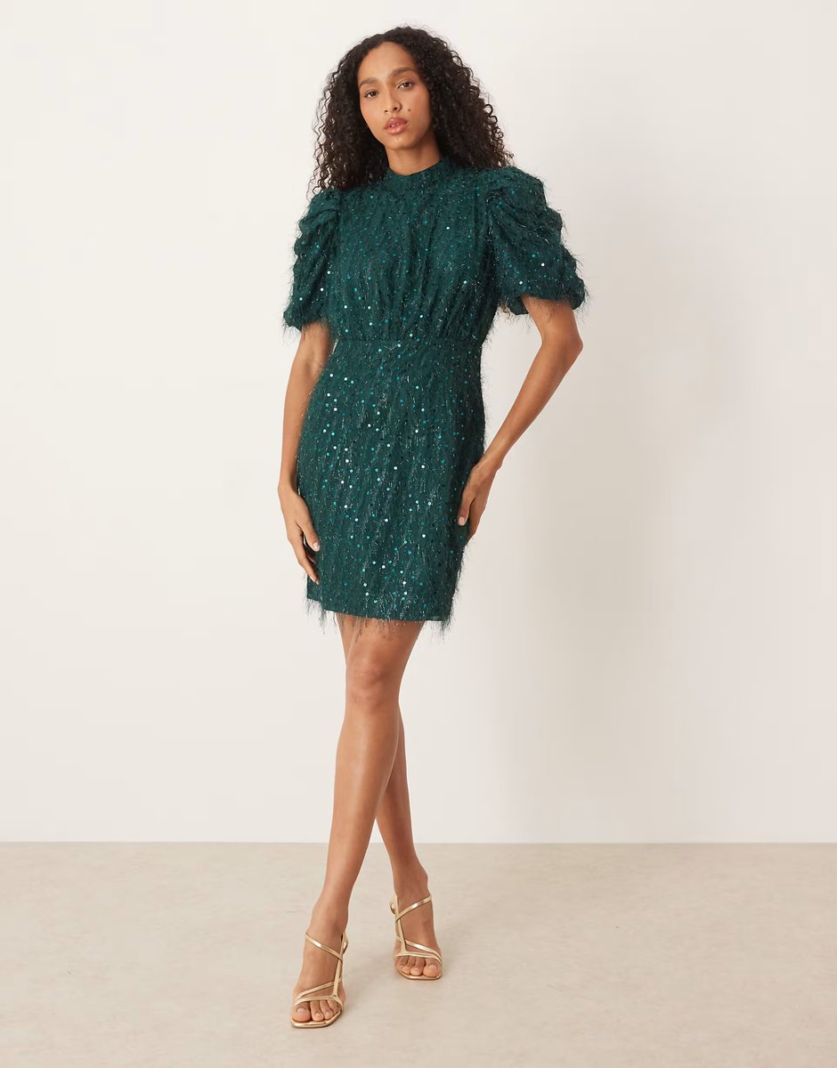 ASOS YAS fluffy textured sequin mini dress in dark green - 4