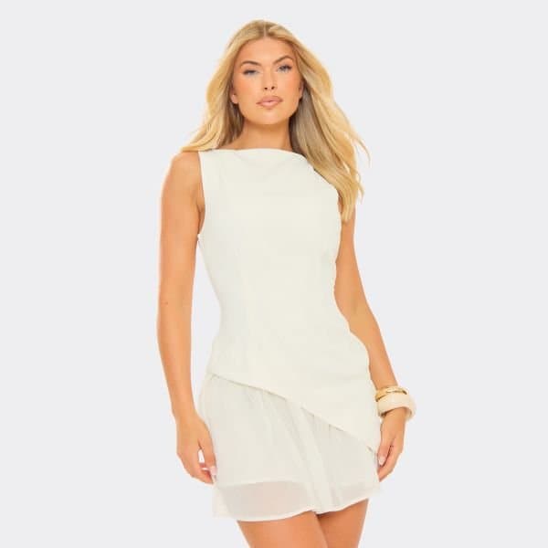 EGO Sleeveless Contrast Frilled Hem Detail Mini Dress In Cream, Women's Size UK 6