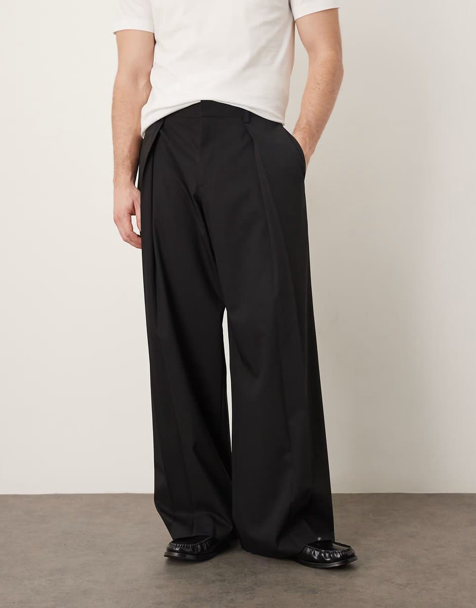 ASOS ASOS DESIGN premium wool blend smart wide leg trouser with front pleat in black