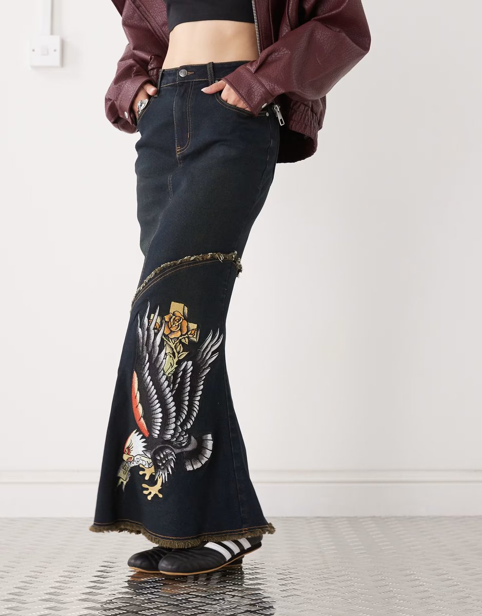 ASOS Ed Hardy eagle denim maxi skirt in blue - 2