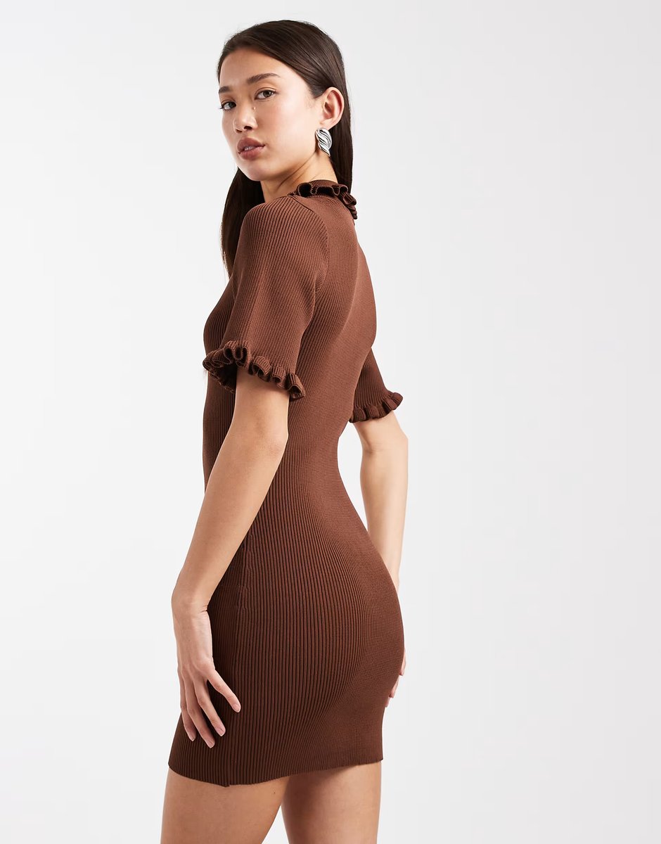 ASOS Miss Selfridge ruffle detail knit mini dress in brown - 4