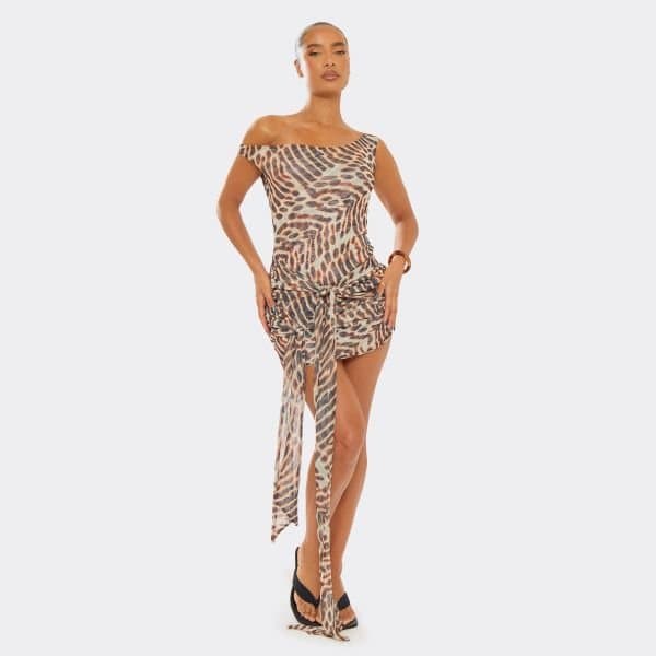 EGO Asymmetric Drape Shoulder Tie Front Detail Mini Dress In Brown Animal Print, Women's Size UK 6
