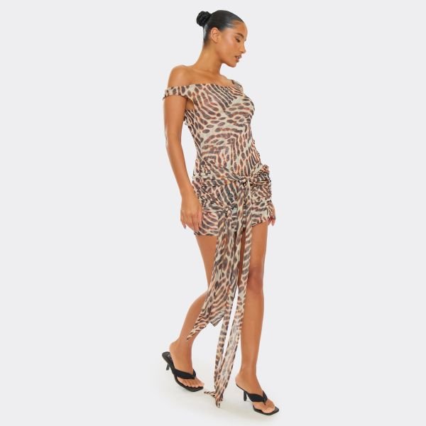 EGO Asymmetric Drape Shoulder Tie Front Detail Mini Dress In Brown Animal Print, Women's Size UK 6 - 2